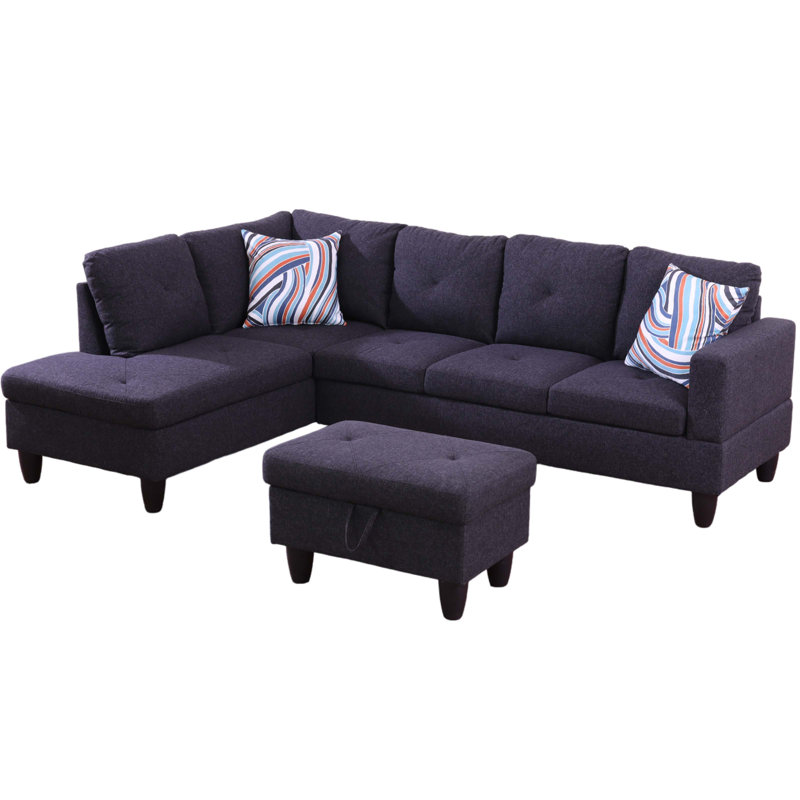 Halid Wide Sofa & Chaise with Ottoman, Left Hand Facing, Steel Blue Microfiber