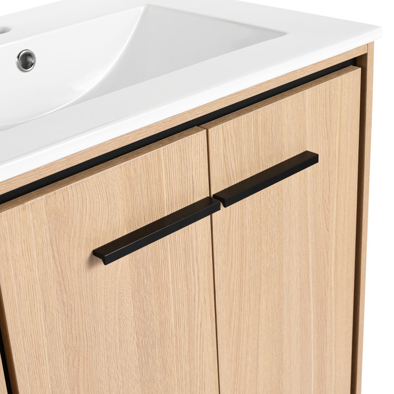 Armoire de salle de bain de 24 pouces, lavabo inclus, bois d'ingénierie, rangement à double porte, -, assemblage facile, salle de bain américaine, teinte chêne et espace de rangement, matériau en bois, traitement à l'épreuve, guide des étapes d'assemblage,