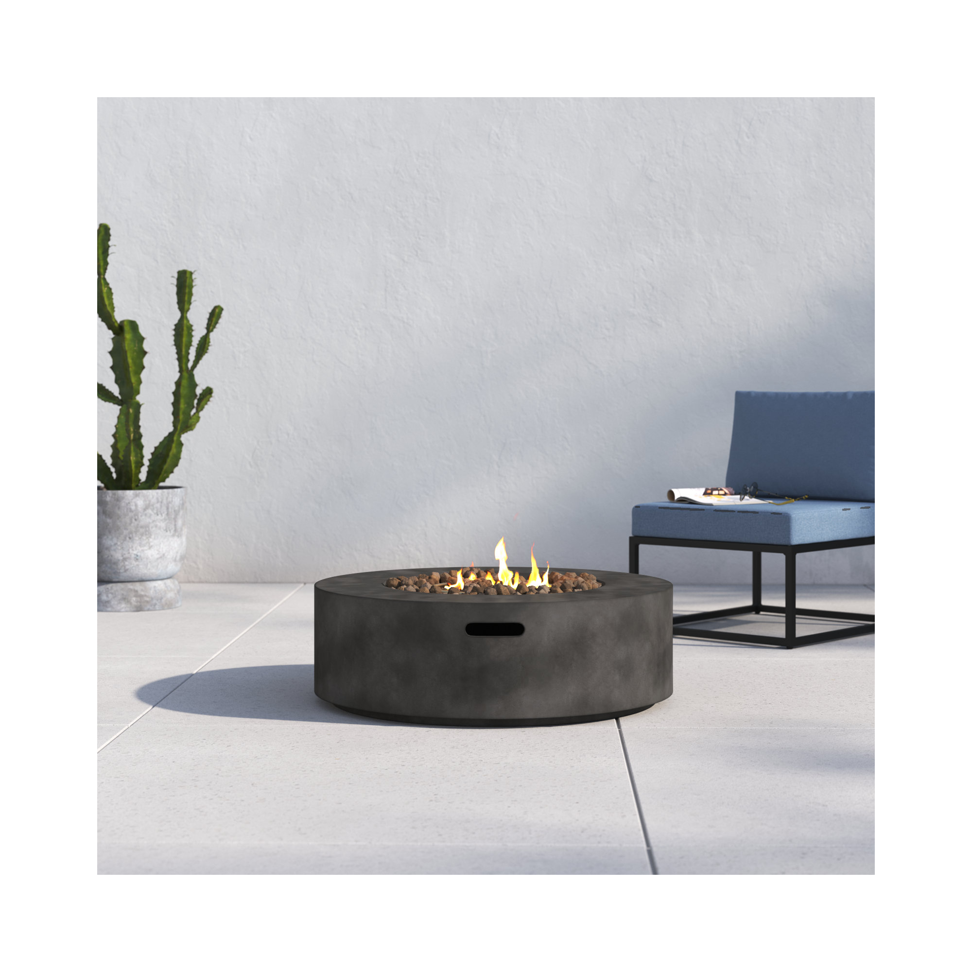 Rashid Concrete Outdoor Round Fire Pit Table, Charcoal, 12" H x 36" W x 36" D