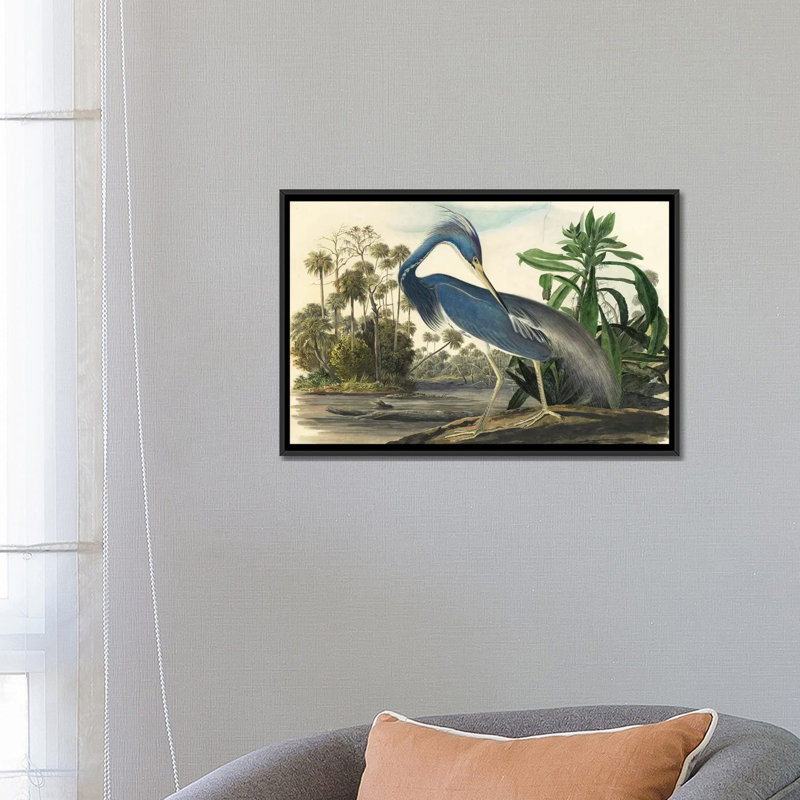 «Blue Heron», reproduction sur toile, H 18 po x l 26 po x P 1,5 po, Toile avec cadre noir, Pas de tapis