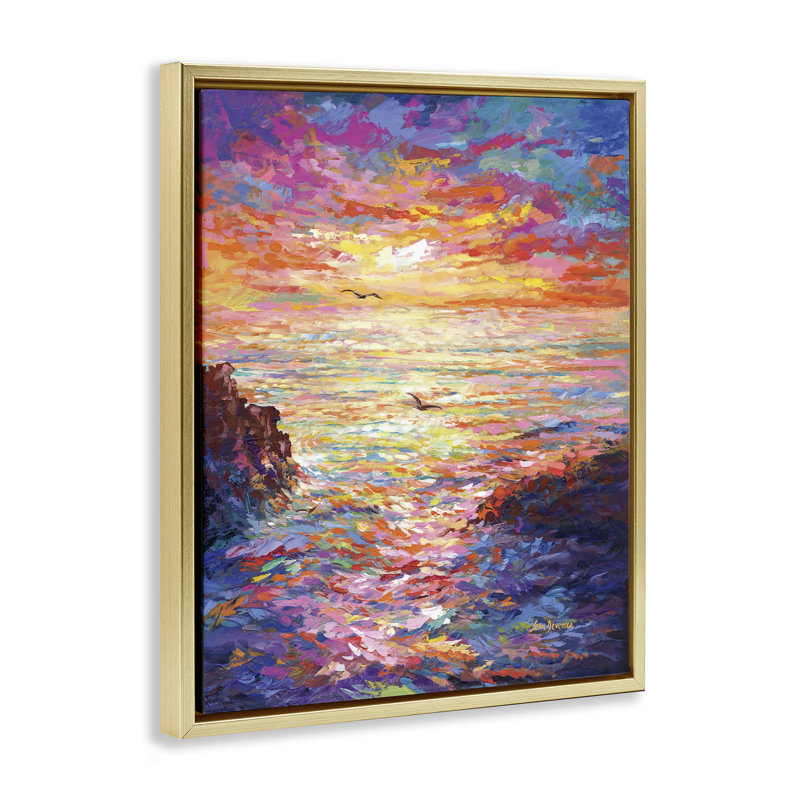 «Vibrant Abstract Ocean Sunset» encadré sur toile par Leon Devenice, Cadre flottant métallique doré, H 31 po x l 25 po