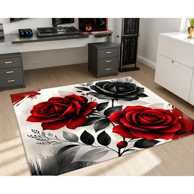 Grand tapis à motif floral de roses, design vintage noir et rouge, tapis de sol artistique, lavable et antidérapant, décoration intérieure élégante pour salon, chambre, appartement, dortoir, entrée, cuisine
