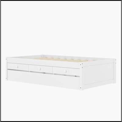 Twin Platform Bed With Trundle And 2 Drawers,Solidwood Beds With Power Strip,White
