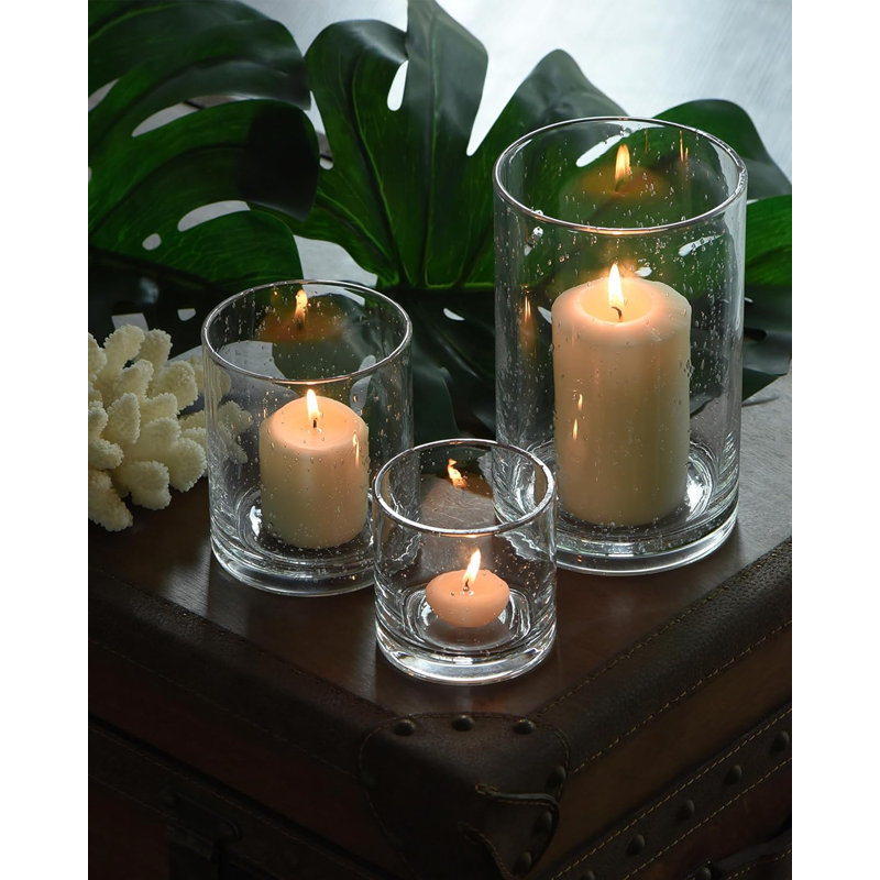Set of 3 Seeded Bubble Glass Hurricane Candle Holders – 3.5", 5", 8" Heights, Clear Glass for Pillar & Votive Candles, Wedding & Table Centerpiece Decor