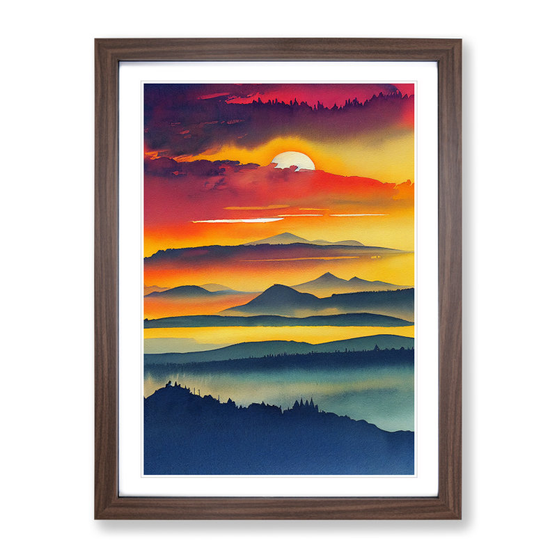 Sunset Mountain No.4 - Wall Art, 48cm H x 36cm W, Walnut Framed Paper, White
