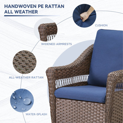 Ensemble de 2 chaises à bascule pivotantes en osier pour l'extérieur avec coussins bleus