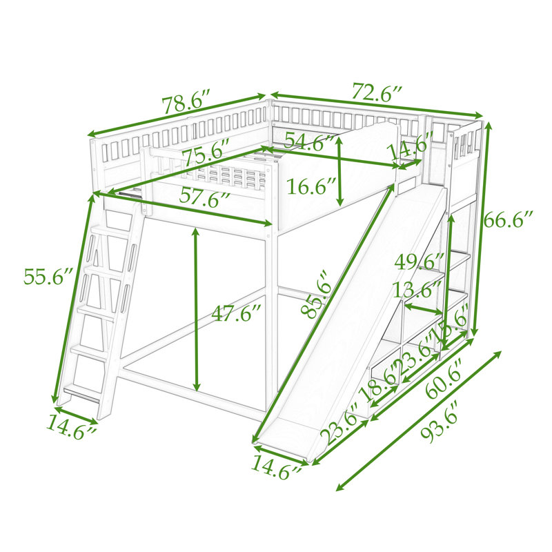 Lit mezzanine en bois avec glissoire, tablettes de rangement et échelles, Complète, Beige