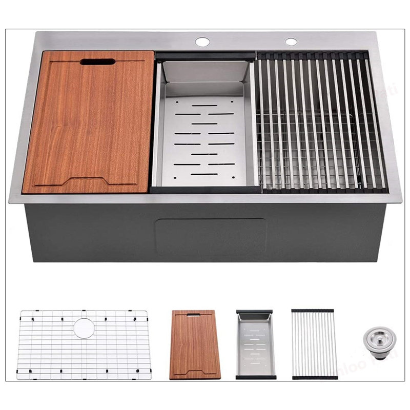 33-Inch Drop-In Kitchen Sink with Integrated Ledge and Accessories, R10 Radius, Stainless Steel, Single Bowl, Space-Saving Design