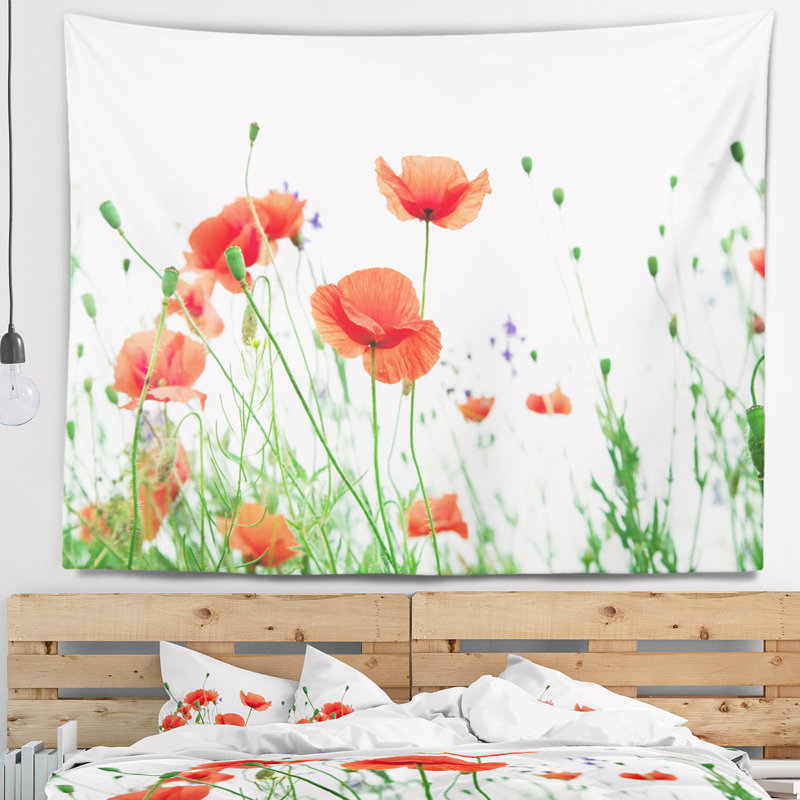 Tapisserie fleurs de coquelicot sur fond blanc, H 78 po x l 92 po