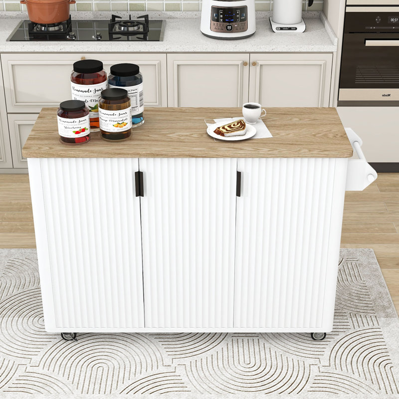 Îlot de cuisine sur roulettes avec abattant, porte-serviettes et tablettes réglables, Bois de frêne blanc
