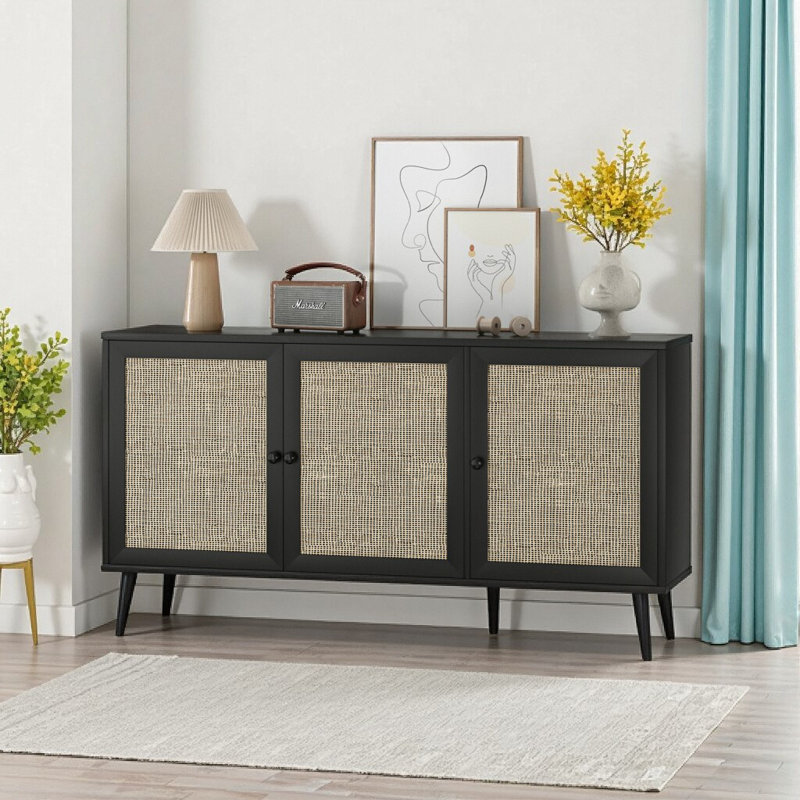 Grand buffet 59 po avec portes en rotin tissé à la main - entrée, console de rangement pour le salon (noir), Noir