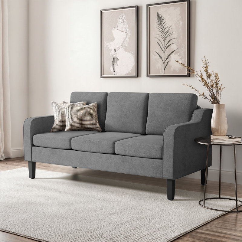 64" Mid-Century Modern 3-Seater Sofa 4" Wide Arc-Notched Armrests Compact Design, Gray