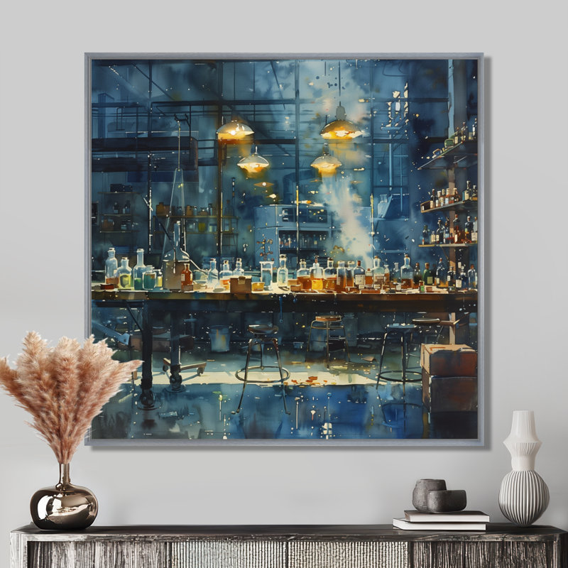 Bleu et jaune, laboratoire de recherche chimique III - laboratoires, art mural, Cadre photo noir, H 30 po x l 30 po