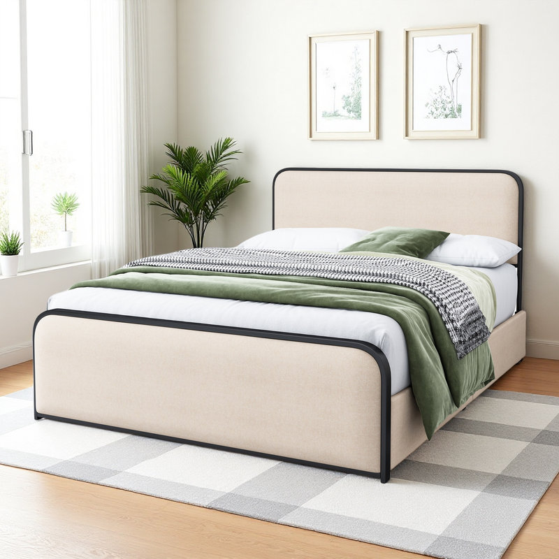 Upholstered Bed with Storage, Queen, Beige/Black