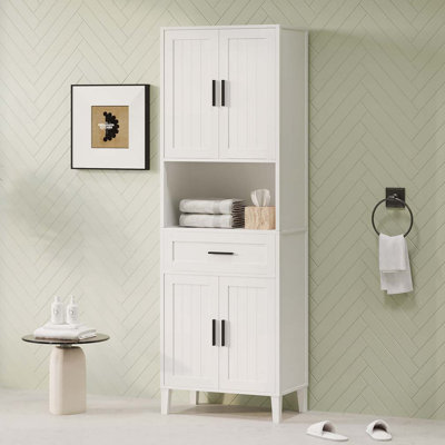 Freestanding Tall Bathroom Cabinet with a Drawer, 2 Cabinets, 4 Soft-Close Doors, 2 Adjustable Shelves, Open Storage