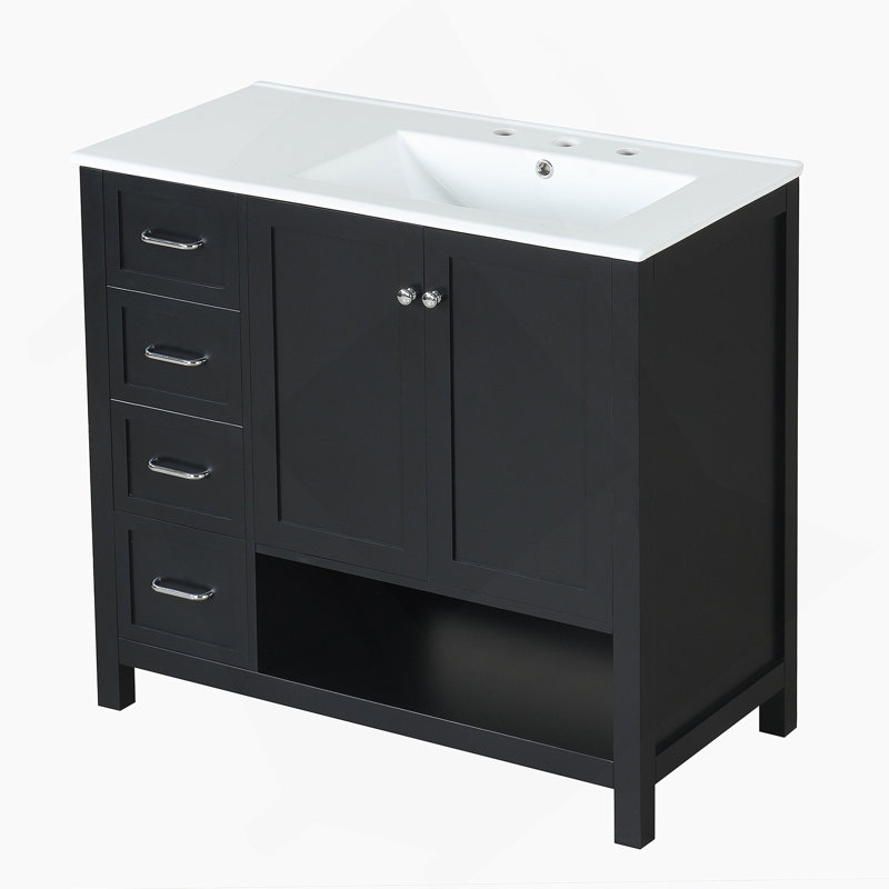 Meuble-lavabo 36 po avec comptoir d'évier, meuble-lavabo avec deux portes et deux tiroirs, bois massif, tablette ouverte, panneaux de fibres à densité moyenne, un paquet, noir