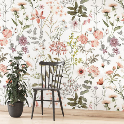 Murale colorée pré de fleurs sauvages | Papier peint floral rose et vert | Non-tissé ou pelez et collez