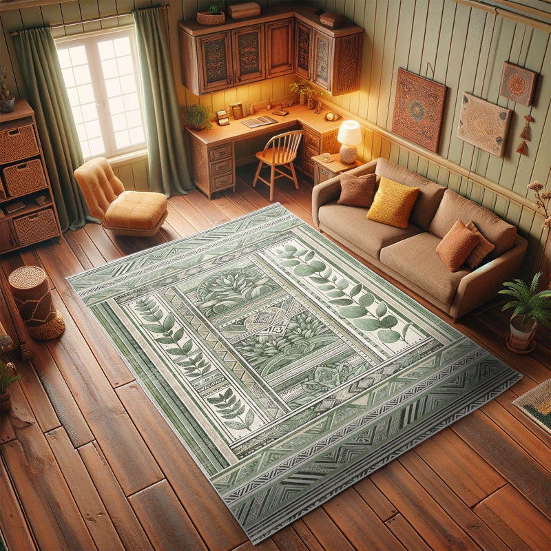 Peacock Green and Pale Tan Botanical Synthetic Area Rug