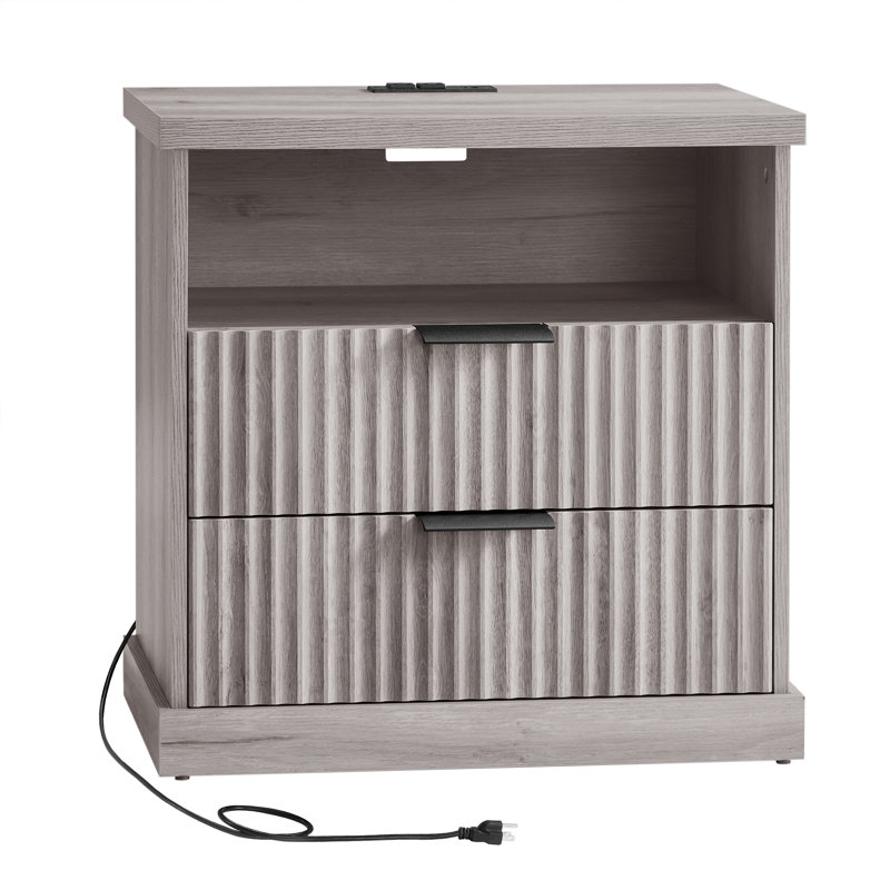 Maxe 23.6" Nightstand With Charging Station, Bedside Table With 2 Drawers, Open Shelf, Transitional, Gray