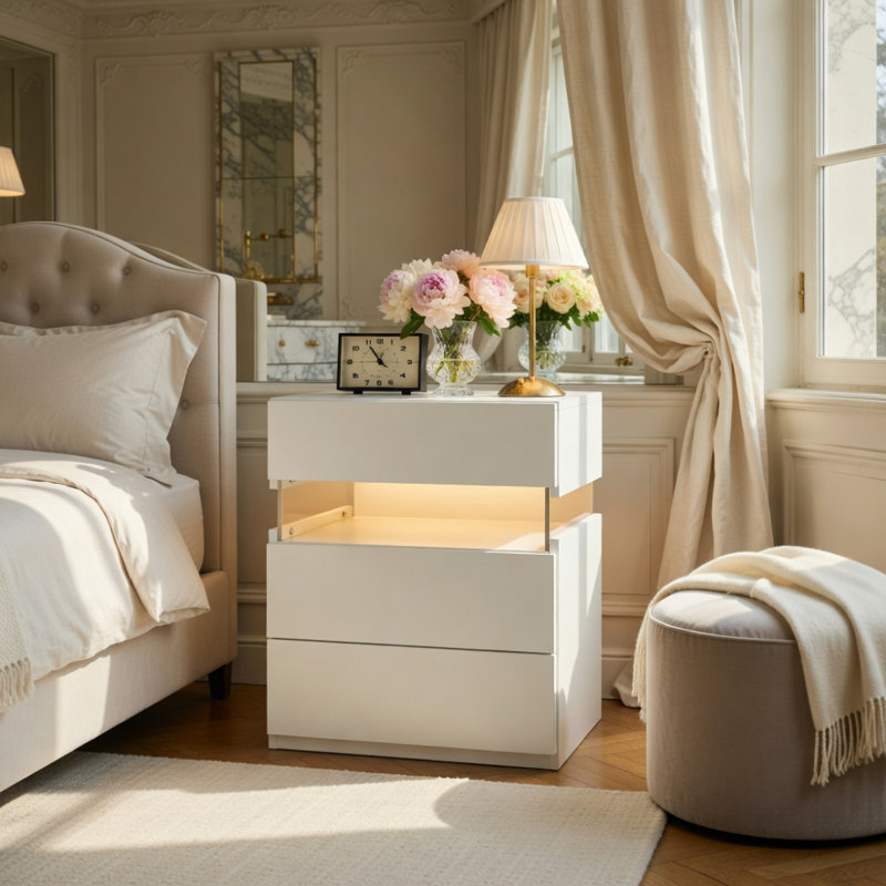 Commode à 3 tiroirs à DEL pour tables de bout de chambre à coucher avec tableau en acrylique Tables de chevet à DEL pour meubles de chevet (blanc)
