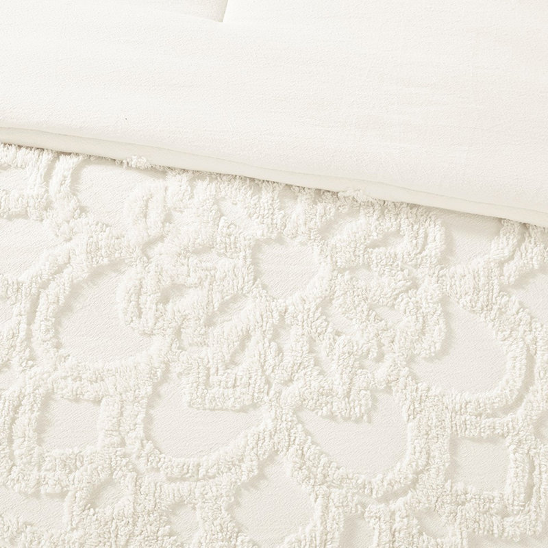 Édredon en chenille de coton de style Shabby Chic, Full Comforter + 2 Standard Shams, Off White