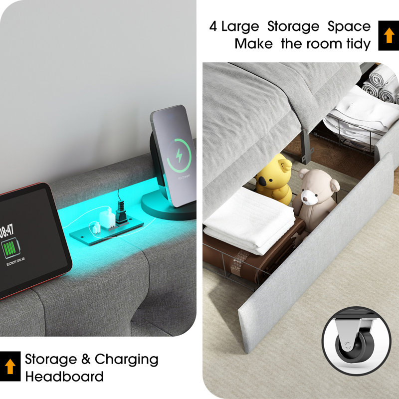 Upholstered Bed Frame with 4 Drawers, Bed with Storage Headboard, Charging Station and LED Lights, King