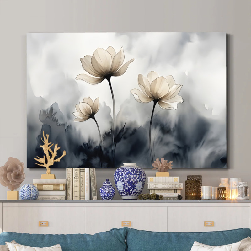 Tableau Zen Lotus Brumeux à l'encre, impression sur toile tendue sur châssis, 61 x 91 cm, rose et vert doux, décoration murale zen pour salle de bain, chambre et coin lecture