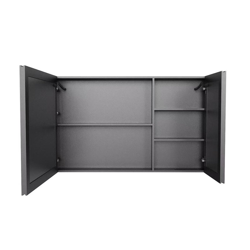 Armoire à pharmacie en aluminium noir à DEL avec lumière blanche une couleur et tablettes ouvertes, Matte Black