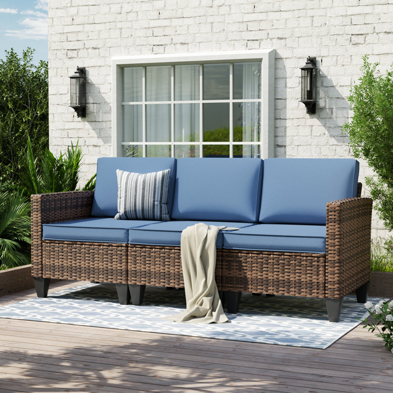Kisner 78" W 3 - Person Outdoor Wicker Patio Sofa With Cushions, Navy