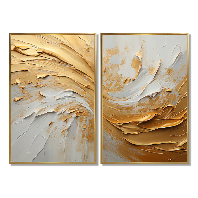 Or et beige, peinture à vague douce - art mural moderne bleu, 36" H x 48" W, Floater Framed Print without Mat, Gold