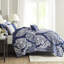 Courtepointe en coton 6 pièces avec coussins décoratifs de couleur contrastante indigo et texturé, coussins décoratifs très grand / très grand-117569637