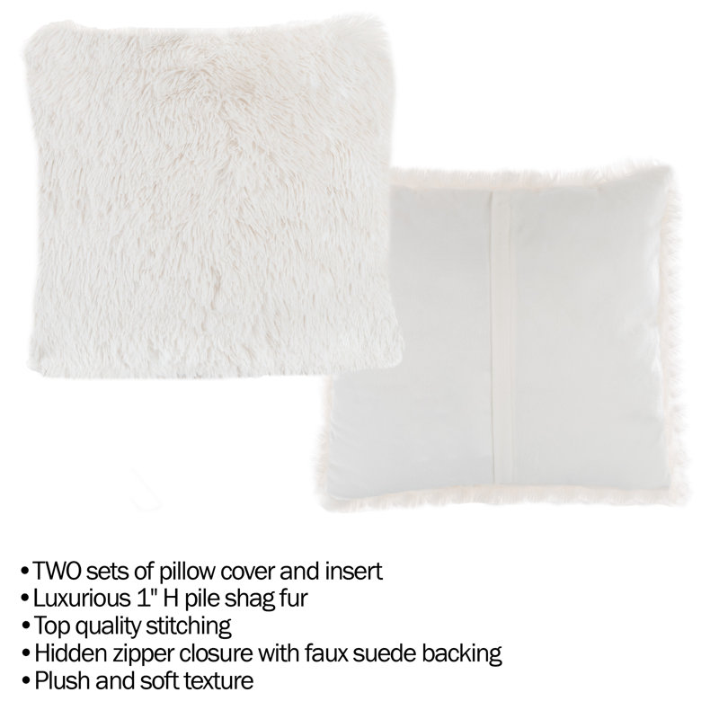  Plush Throw Pillows - Two 18-Inch Luxury Accent Pillows and Shag Glamour Covers, White