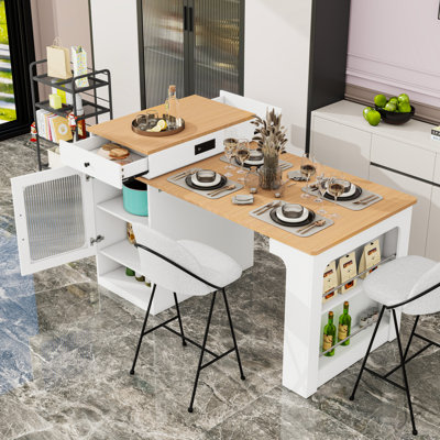 Kitchen Island with Extendable Dining Table, Double-Sided Storage, 2 Drawers, Power Outlet and Adjustable Shelves
