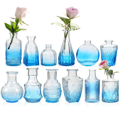 Ensemble de 12 vases à bourgeons en verre bleu en vrac, petit vase à bourgeons rétro pour centres de table, décorations de mariage rustiques