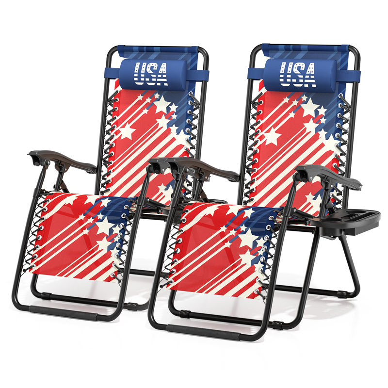 Zero Gravity Lounge Chairs Set of 2 Adjustable Folding Recliners with Side Tray & Pillow Outdoor Patio Loungers for Lawn Camping Beach