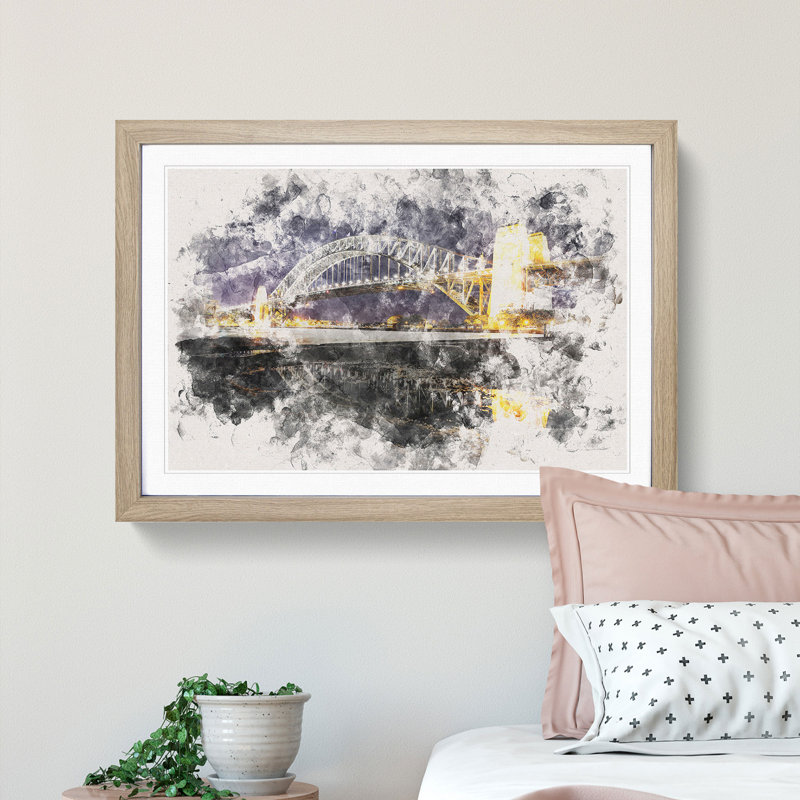 Sydney Harbour Bridge Australia - Picture Frame Painting Print, 60cm H x 91cm W x 2cm D, Oak Framed