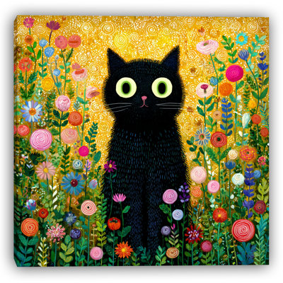 Bright Eyes Cat in Flowers I Wrapped Canvas Wall Art