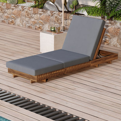 Lounge Chaise Set, Acacia Solid Wood With  LOUNGE CUSHION (Dark Grey+TRIPLE FOLDS) - Matching Cream Version Available