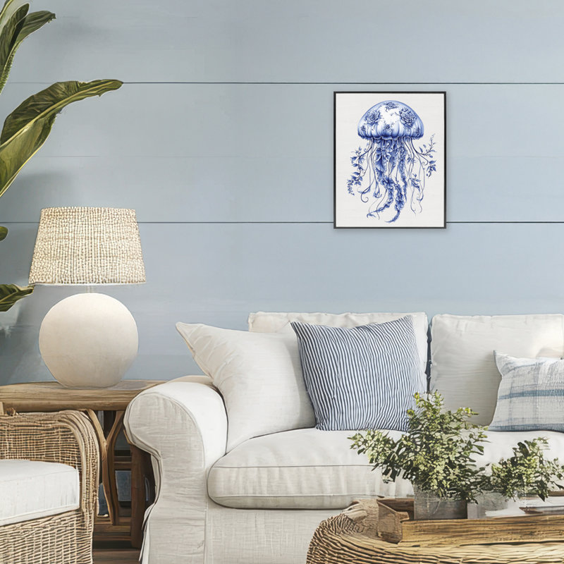 «Funky Toile Jellyfish», estampe numérique giclée encadrée, H 14 po x l 11 po, Giclée encadrée noir minuit
