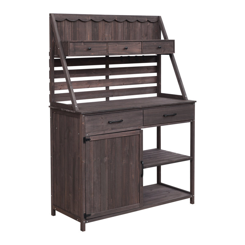Banc de rempotage à 5 tiroirs en bois de sapin, panneau à lattes pour le rangement des outils de jardinage verticaux, banc de travail brun de 64,5 pouces de hauteur avec tiroirs et armoire, circulation d'air dans le panneau arrière