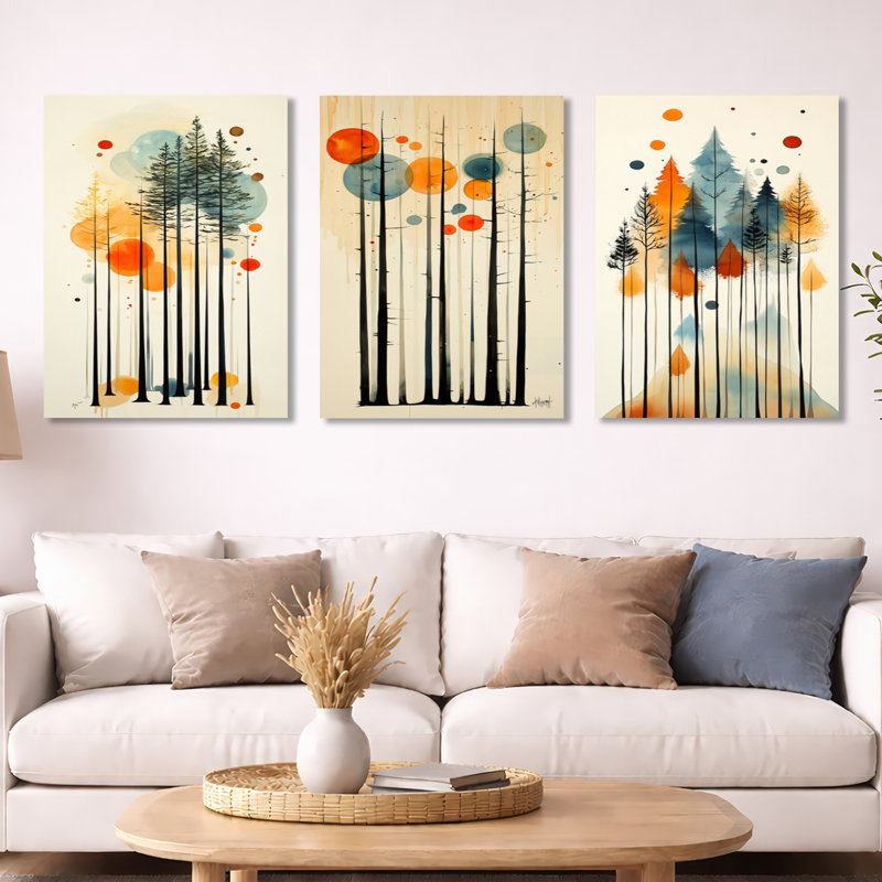 «Summer Valley Pine Forest Silhouettes - Orange Nature», impression sur métal à 3 panneaux, H 32 po x l 72 po