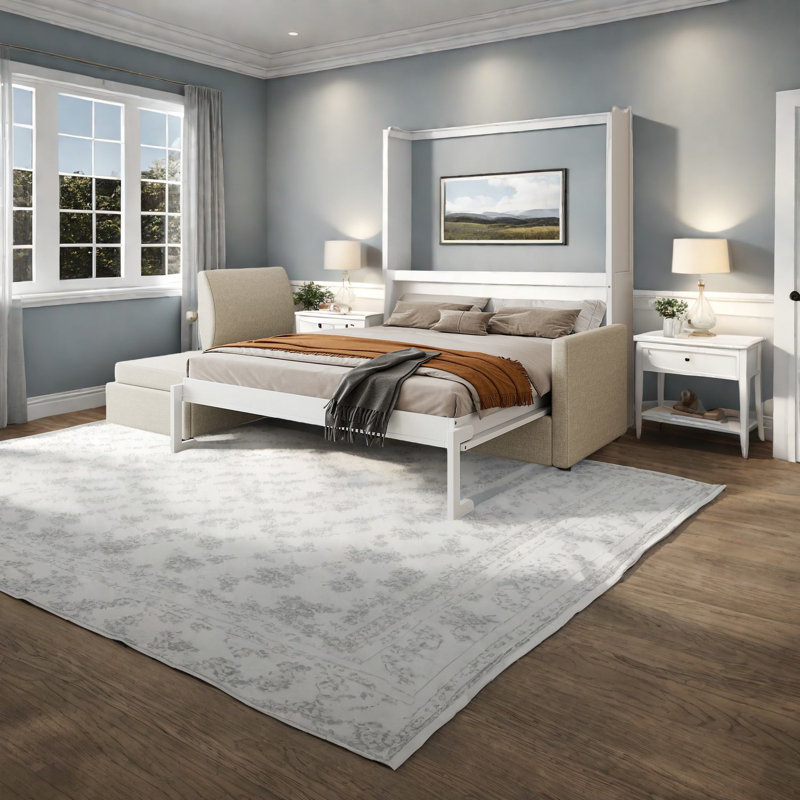 Lit escamotable peu encombrant avec canapé, panneau de fibres à densité moyenne et lin, style moderne pour les maisons compactes
