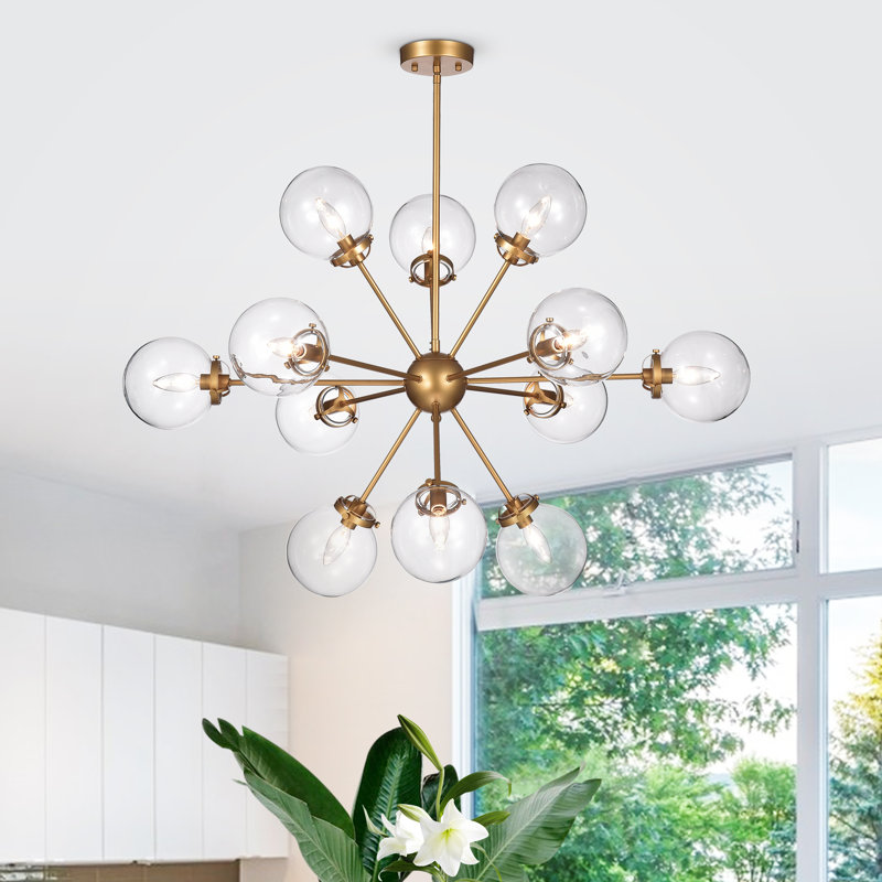 Lustre sphérique Spoutnik à 12 lumières avec détails en verre soufflé à la main Natividad, Doré