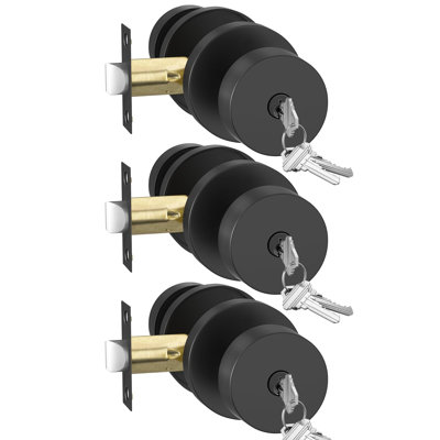 Black Exterior Door Knobs, Zinc Alloy Matte Black Keyed Entry Door Knob with Lock, Door Knob with Lock and Key, Heavy Duty Round Ball (3 Pack)