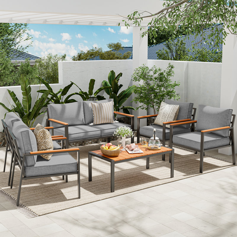6-Piece Outdoor Furniture Patio Conversation Set with Weather-Resistant Metal Frame, Dark Gray, 4, Square shape