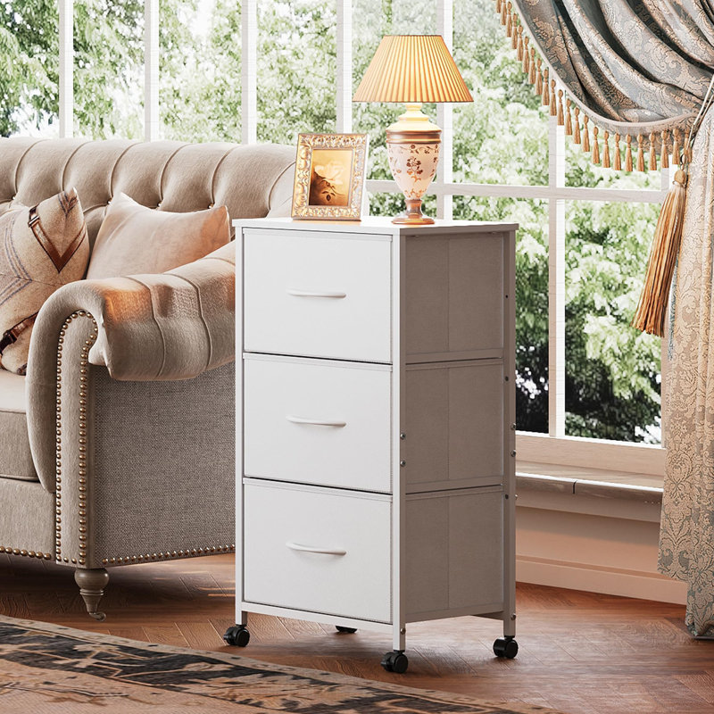 Dresser with 3 Drawers, Fabric Nightstand, Cabinet with Wheels, Organizer Storage Dresser for Bedroom, Office, Entryway, Closets, Sturdy Steel Frame, Wood Top, Easy Pull Handle