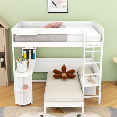 Full Wood Loft Bed with Rotating L-Desk, Shelves, Convertible Sofa and LED Lighting