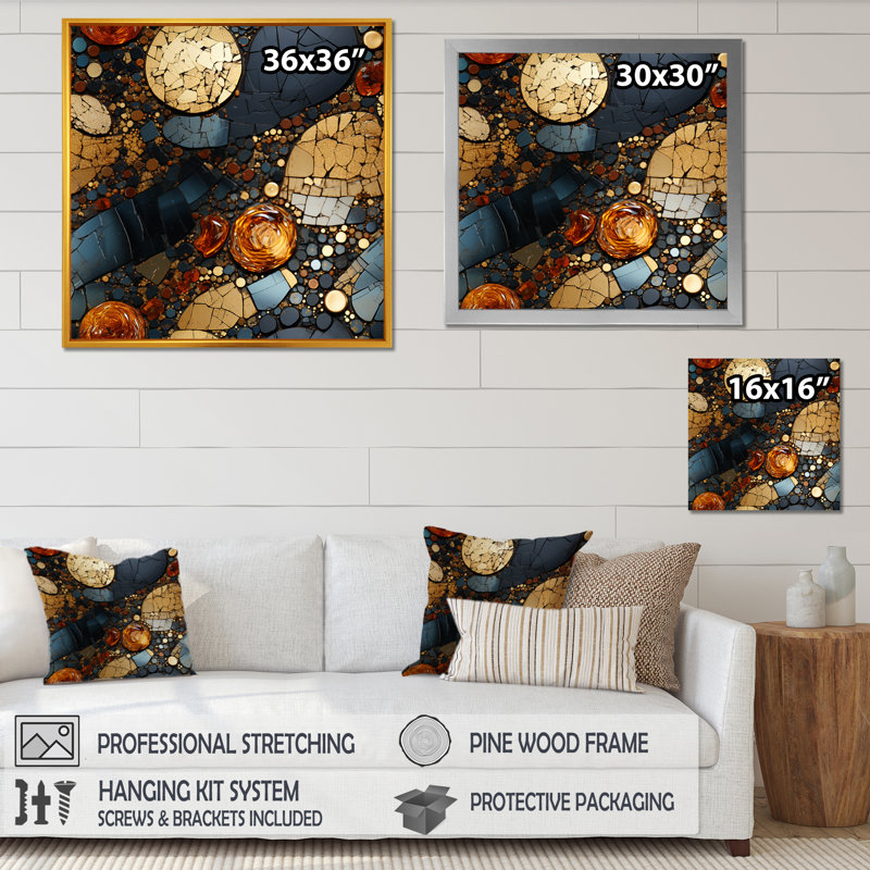 Carreaux de mosaïque dorés et noirs III - grand art mural abstrait, H 36 po x l 36 po x P 1,5 po, Cadre flottant doré