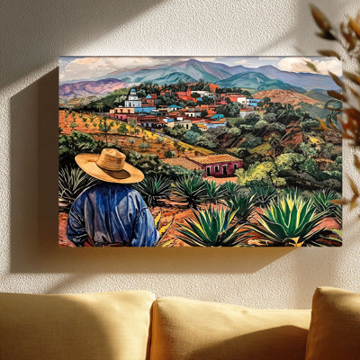 Mexican Village Landscape Canvas Wall Art (Rustic Rural Tone) Stretched Frame for Cozy Nook