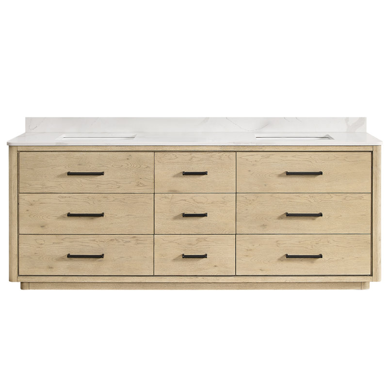 Porto 84'' Double Bathroom Vanity with Quartz Top, Matte Black, Natural Oak